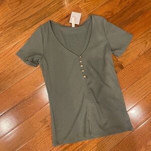 Wishlist A New Attitude Sage Green Ribbed Button Short Sleeve Tee Shirt Top S